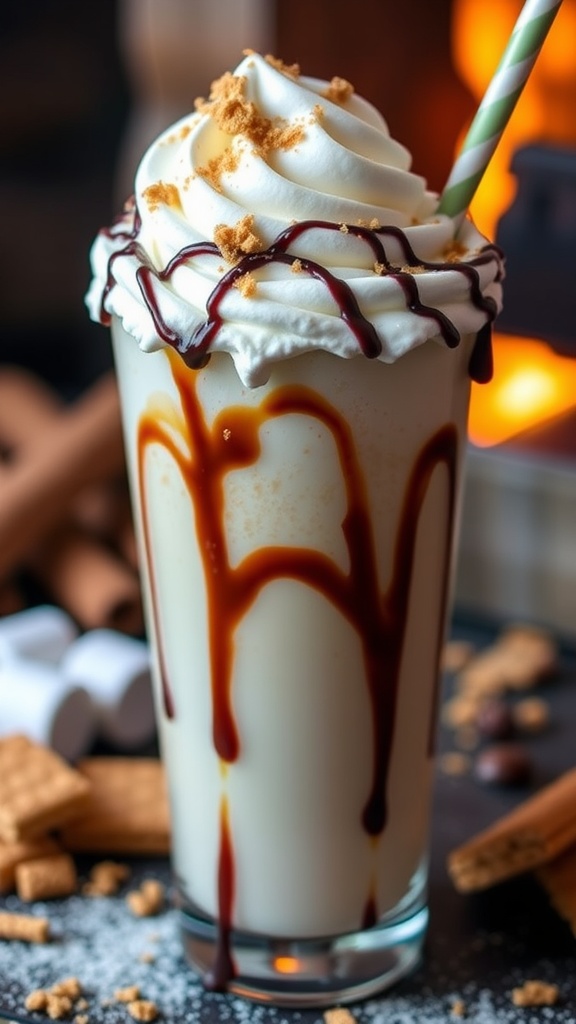 Toasted marshmallow milkshake in a glass topped with whipped cream and chocolate syrup, garnished with graham cracker crumbs.
